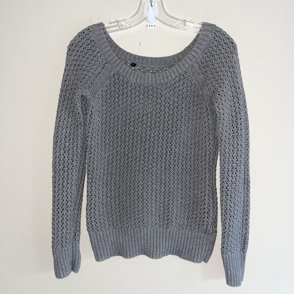 Guess Y2K Gray Sweater Top S Wide Neck Long Sleeves Open Knit Cotton Womens - Picture 3 of 8